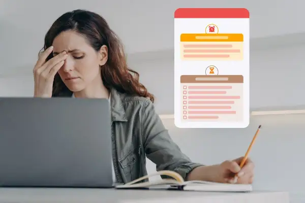 Femme stressée devant son ordinateur, préparant le kick off meeting. Une liste de tâches et un rappel visuels l'assaillent.