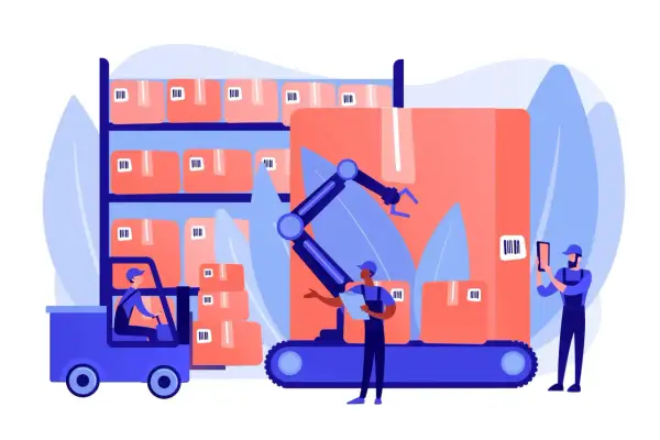 Un entrepôt moderne avec un chariot élévateur, un bras robotisé et des employés utilisant un logiciel de gestion d'entrepôt pour scanner des colis.