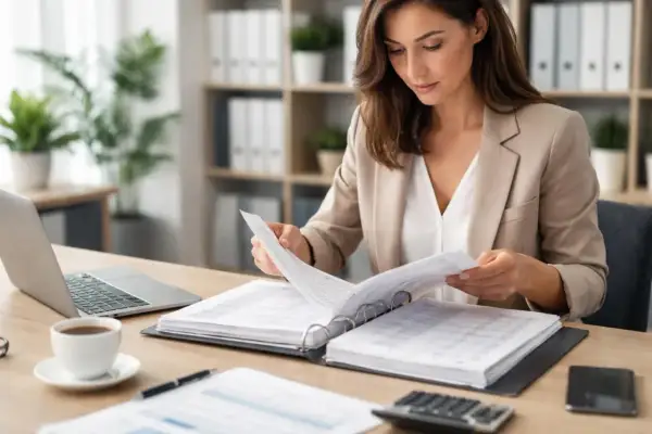 Femme d'affaires examinant des documents pour une meilleure réduction des coûts. Bureau, ordinateur portable, café.