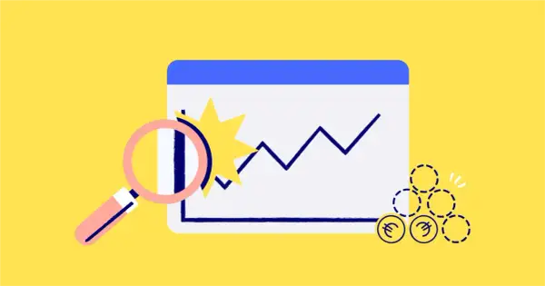 Loupe examinant un graphique de performance financière en hausse, avec des symboles d'euros.