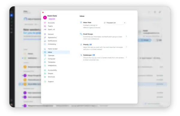 Interface de logiciel de messagerie électronique pour ordinateur, affichant les paramètres de la boîte de réception.