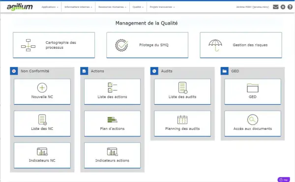 Tableau de bord "Management de la Qualité" avec les 4 fonctions du management : Non Conformité, Actions, Audits, GED.