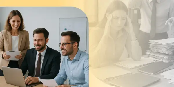Une équipe souriante collabore, contrastant avec une femme stressée accablée par des piles de documents, illustrant la difficulté de gérer plusieurs projets en même temps.