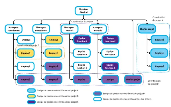 Organigramme illustrant l'organisation interne d'une entreprise, avec le Directeur Général au sommet, des managers fonctionnels et produit, et des équipes dédiées à différents projets.