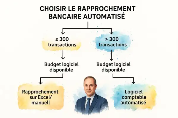 Diagramme de décision pour le rapprochement bancaire automatisé. Si moins de 300 transactions, rapprochement sur Excel/manuel. Si plus, logiciel comptable automatisé.