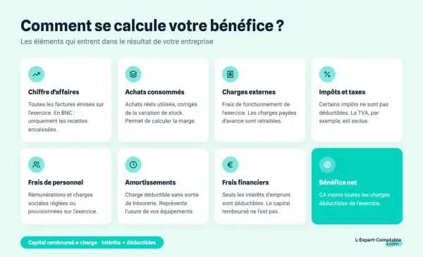 Infographie expliquant comment vérifier la santé financière d'une entreprise : chiffre d'affaires, achats, charges, impôts, personnel, amortissements, frais financiers et bénéfice net.
