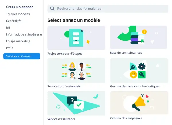 Interface pour exprimer un besoin : sélection de modèles pour des projets, bases de connaissances, services professionnels, assistance, et gestion de campagnes.