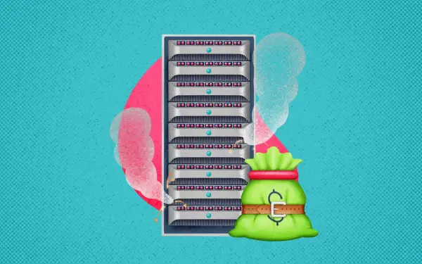 Serveur informatique en panne, symbolisant les coûts d'un logiciel de supervision défaillant. Un sac d'argent ceinturé à côté.