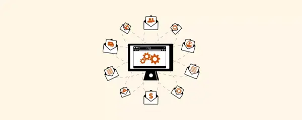Un ordinateur central avec des engrenages, entouré d'enveloppes symbolisant des communications diverses, comme un logiciel de chat.