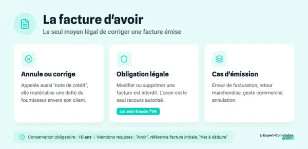 La facture d'avoir, aussi appelée note de crédit, est le seul moyen légal pour corriger une facture. Elle est utile en cas d'erreur, de retour de marchandise ou pour un geste commercial.