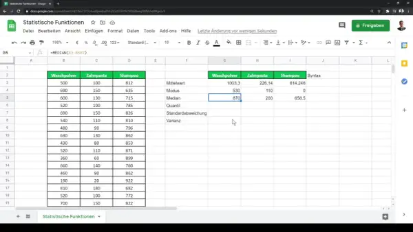Tableau Google Sheets montrant des données de vente et des calculs statistiques, incluant la fonction MEDIAN pour trouver la valeur médiane.