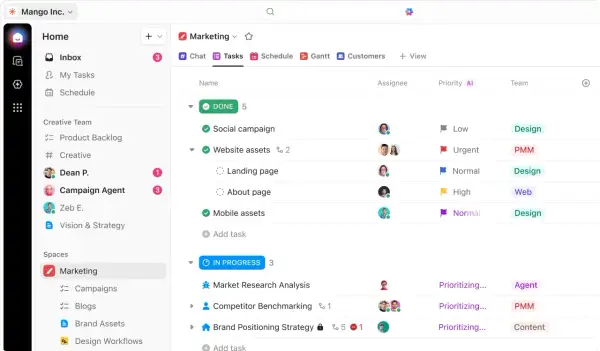 Tableau de tâches marketing avec des éléments terminés et en cours. Cliquez sur "up" pour voir plus de détails.