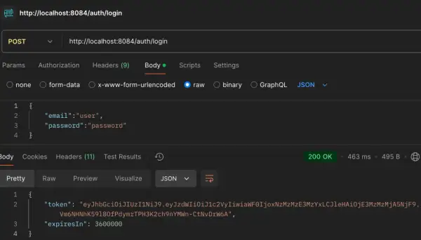Connexion réussie avec spring security JWT. Le corps de la requête POST contient les identifiants, la réponse renvoie un token JWT.