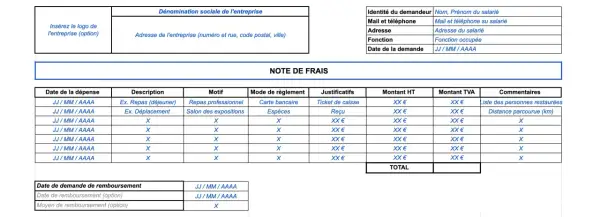 Formulaire de note de frais avec des exemples de dépenses professionnelles, comme des repas et des déplacements.