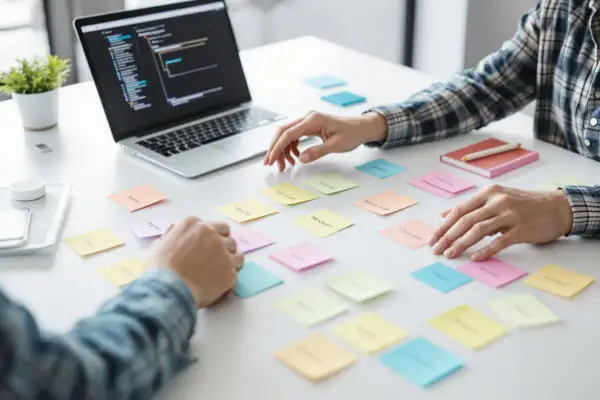Des post-it colorés sur un bureau, représentant un **product breakdown structure** pour un projet.