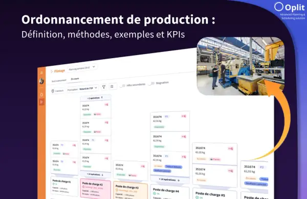 Tableau de bord montrant l'ordonnancement de production avec des tâches en cours, des priorités et des statuts.