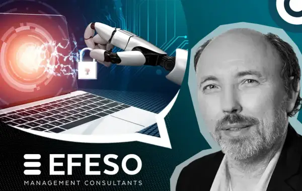 Un bras robotique manipule un cadenas sur un écran d'ordinateur, symbolisant la sécurité et l'api intelligence artificielle. Un homme souriant est à droite.