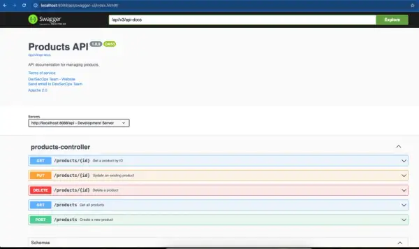 Interface Swagger pour une API Spring Boot, affichant les endpoints pour gérer les produits : GET, PUT, DELETE, POST.