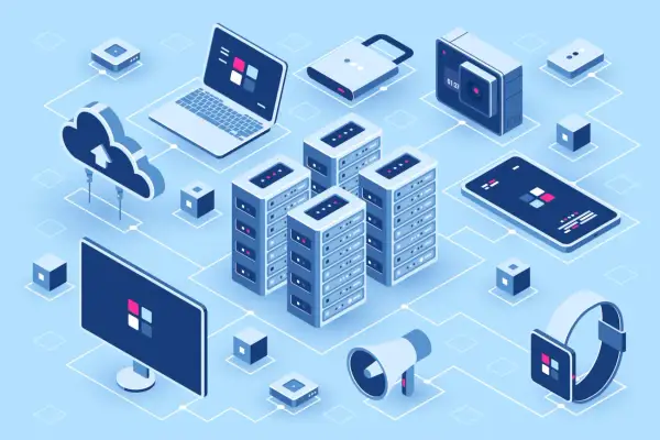 Illustration isométrique d'une infrastructure technologique : serveurs, ordinateur portable, smartphone, montre connectée, cloud, et un cadenas. Idéal pour la gestion de parc informatique.