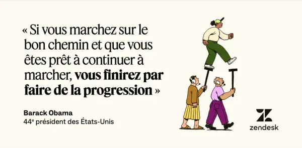 Illustration d'une citation de Barack Obama sur la progression, symbolisant le travail d'équipe. Une personne marche sur les épaules d'autres, qui la soutiennent.