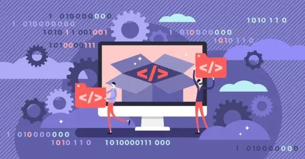 Des développeurs collaborent, symbolisant la communauté open source. Des engrenages et du code binaire évoquent la technologie et l'innovation.