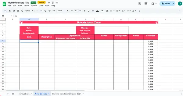 Modèle de note de frais vierge dans un tableur, prêt à enregistrer vos dépenses de déplacement, repas et hébergement.