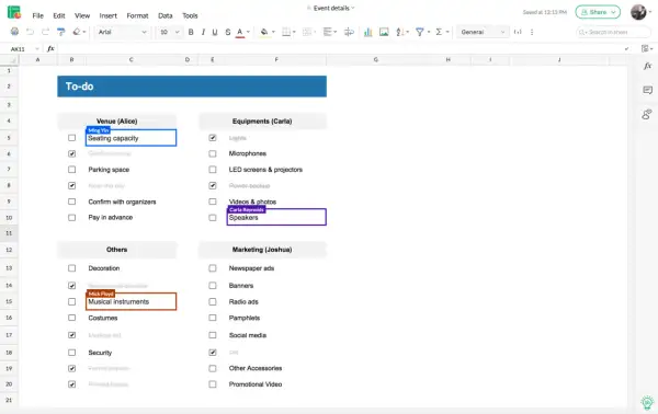 Comment utiliser Google Sheets pour organiser un événement : une liste de tâches avec des éléments comme "Musical instruments" et "Speakers".