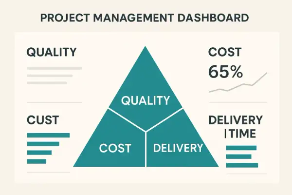 Tableau de bord de gestion de projet : un triangle d'or projet illustre la qualité, le coût (65%) et la livraison.
