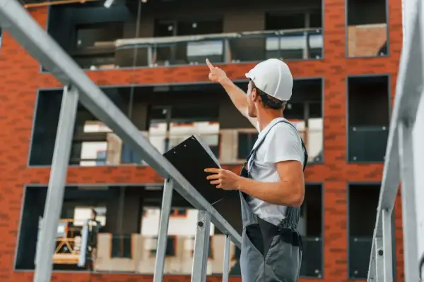 Un homme en casque blanc et salopette grise, tenant un porte-documents, pointe du doigt un bâtiment en construction. Il semble expliquer la différence entre maître d'œuvre et maître d'ouvrage.