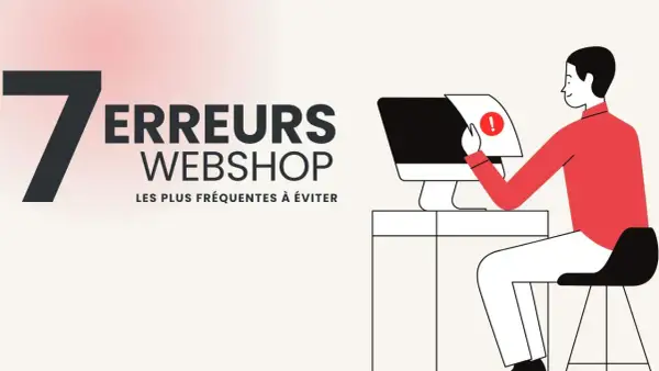 7 erreurs webshop à éviter pour une solution e-commerce réussie. Un homme regarde un écran d'ordinateur avec un point d'exclamation.