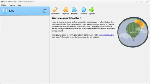 Interface de VirtualBox, le meilleur machine virtuelle, avec des icônes pour importer, exporter et ajouter des machines. Une montgolfière stylisée flotte dans un cercle.