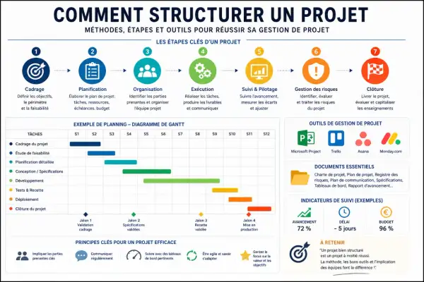 Les jalons d'un projet informatique : cadrage, planification, organisation, exécution, suivi, gestion des risques et clôture. Un diagramme de Gantt illustre les étapes.