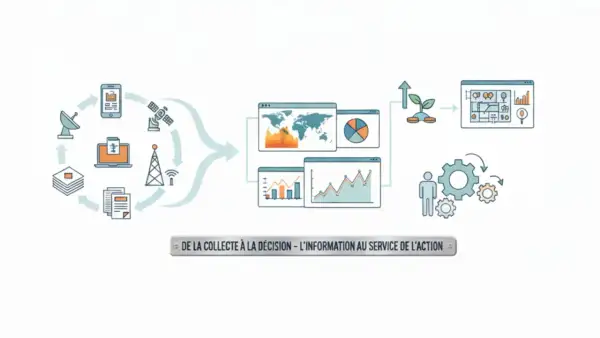 Schéma illustrant un système d'information de gestion : collecte de données (satellites, antennes, mobile, PC) vers analyse (cartes, graphiques) et décision (croissance, homme, rouages).