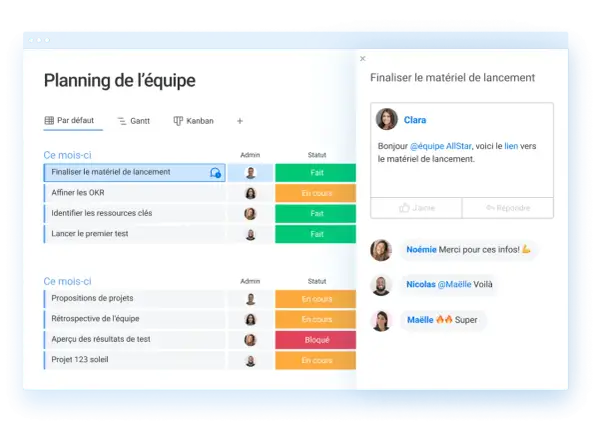 Tableau de planification d'équipe. La tâche "Finaliser le matériel de lancement" est en cours, avec des commentaires d'équipe.