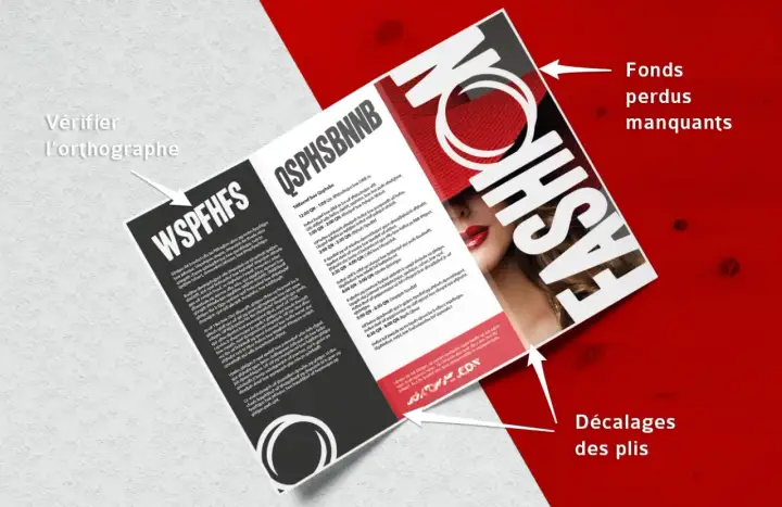 Brochure de mode avec texte en français, mettant en avant des erreurs de mise en page comme "Fonds perdus manquants" et "Décalages des plis", illustrant la gestion documentaire qualité.