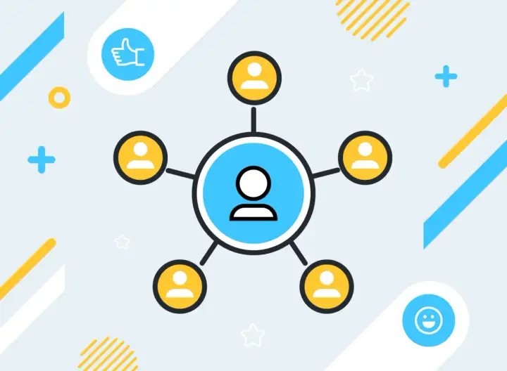 Schéma illustrant une **technique de management** : un cercle central avec une personne connectée à cinq autres cercles, chacun représentant un individu.