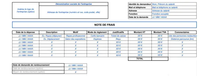 Formulaire de note de frais avec des exemples de dépenses professionnelles, comme des repas et des déplacements.